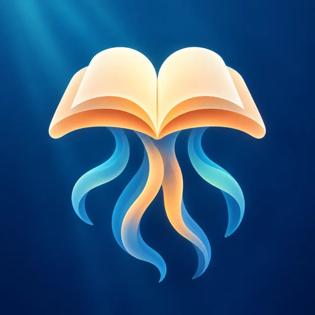 The Fablefin icon: an open book whose pages form the bell of a jellyfish, trailing ribbon tentacles.